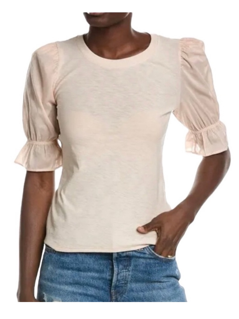 Nation LTD Bia Gathered Puff Sleeve Blouse Shirt Peachy Pink Pima Cotton Small